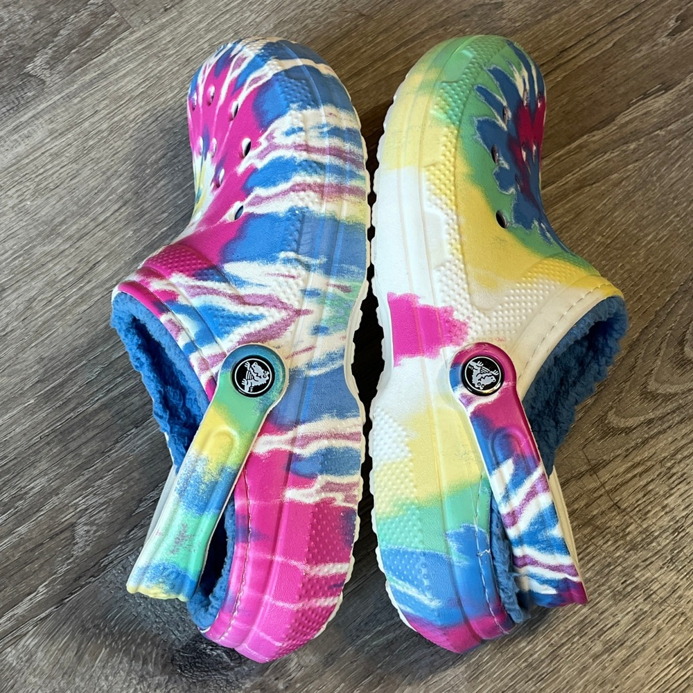 Crocs Classic Lined Clog Tie Dye Multi Color Blue Fuzzy Fur Women 8 Men 6